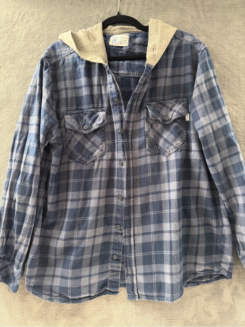Hurley Mens XL Hooded Flannel Plaid Shirt Blue